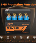 12V 7Ah LiFePO4 Battery for Ride On Toys and Outdoor Power with BMS protection functions shown.