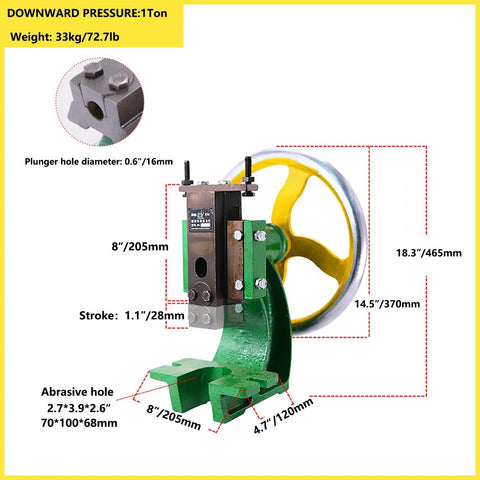 Heavy Duty Cast Iron Bench Top Arbor Press Built Solid As A Rock with yellow handwheel, 1 ton capacity, precise pressure for workshop tasks.