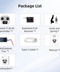 Package list showing items included with the 12 Channel RC Transmitter And R12F Receiver With Micro ELRS Support Beast Long Range FPV Controller.