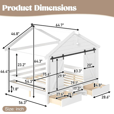 Product dimensions of Kid Approved Full Size Floor Bed Frame With Sliding Barn Door And Built In Soft Glow Light Farmhouse design.