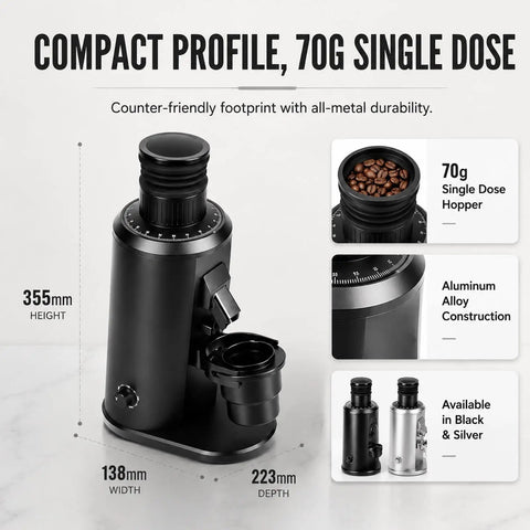 Badass 80mm Flat Burr Electric Coffee Bean Grinder With Straight Up Stepless Control And Rapid Brushless Motor For Seamless Daily Espresso Pulls And Relaxed Weekend Sips Black, compact design with 70g single dose hopper.