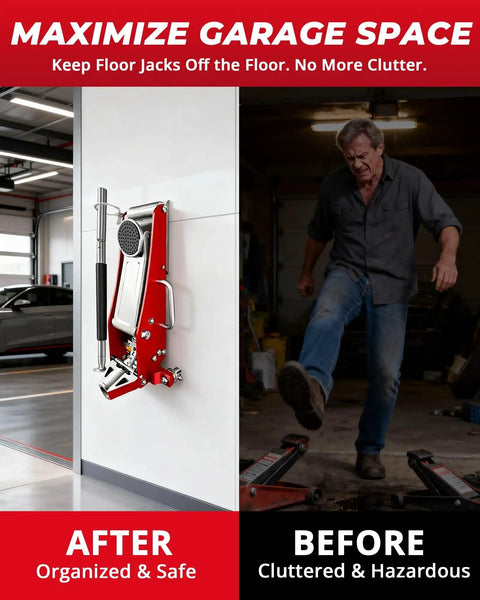 1.5 Ton Floor Jack Wall Mount Rack For Low Profile Hydraulic Jacks And Trailers, Heavy Duty Solid Steel Storage Holder, 80 Lb Capacity, Keeps Your Garage Clear And Safe, Silver Finish, featuring before and after garage setup.