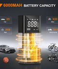Hella Fast Cordless Tire Inflator Packed With Rechargeable Battery And Dual Power Supply For Cars Trucks And Suv Up To 150 Psi showcasing 6000mAh battery capacity and air pressure display.