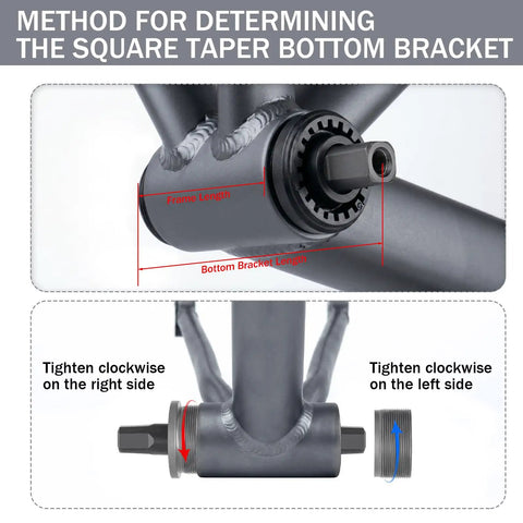 Diagram showing installation of Square Taper Bike Bottom Bracket For BSA Threads into a bike frame, focusing on threading direction.