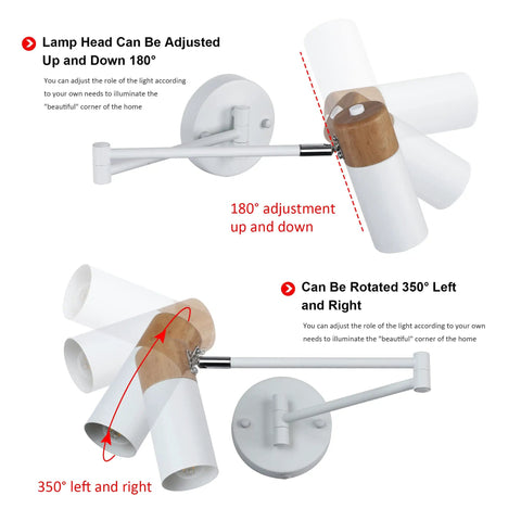 Plug In Swing Arm Wall Lamp With Wood Head, Modern White Finish, Ultra Flexible 180 Degree Arm And 270 Degree Swivel demonstration