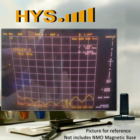 Low Profile UHF GMRS Antenna For Roof Mount With NMO To UHF PL259 Adapter, 13 Ft RG58U Cable, frequency graph shown on screen