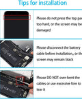 Installation tips for 4.7 Inch SE 2022 Screen Replacement Kit, showing instructions to avoid screen damage and cable mishandling.