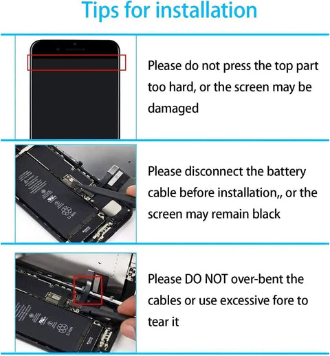 Installation tips for 4.7 Inch SE 2022 Screen Replacement Kit, showing instructions to avoid screen damage and cable mishandling.