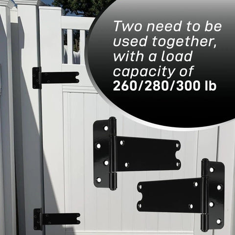Straight Up 8 Inch Heavy Duty Gate Hinges 4 Pack Black Steel Door Hinges 300 Lb Capacity Built Tough For Outdoor Fences shown installed on a white fence.