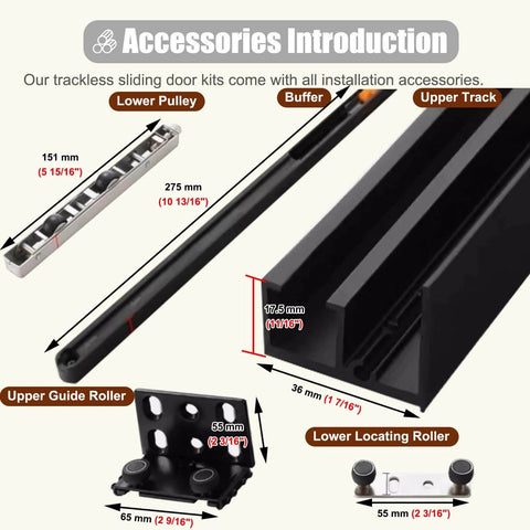 Image of Trackless Invisible Sliding Door Kit For Interiors, showing components like upper track and lower pulley for 36-60 inch doors.