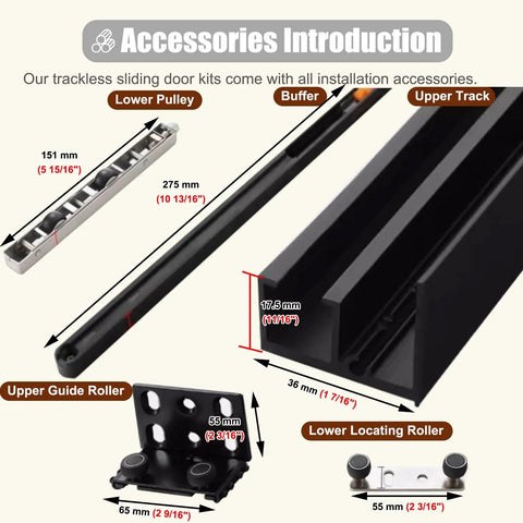 Slick Concealed Sliding Barn Door Hardware Kit Offering A Straight Up Invisible Ghost Track For Hidden Closet Doors components including rails and rollers.