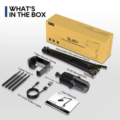 Dynamic USB XLR Podcast Microphone With Boom Arm For Vocal Recording Voice Over And Streaming Studio Metal Mic With Mute Button Headphone Jack And Monitor Volume Control SL40 Plus kit contents display