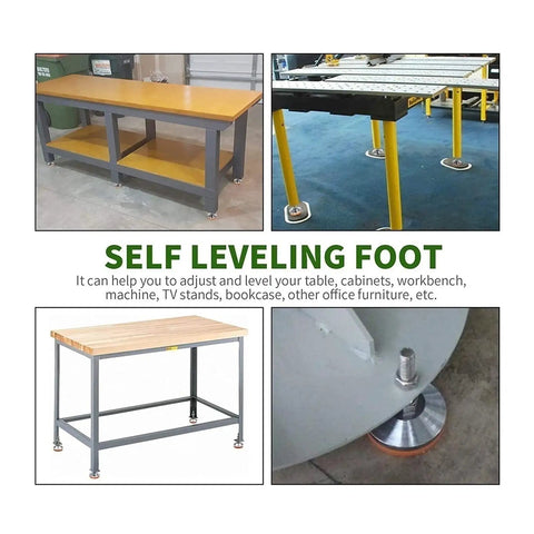 Heavy Duty Adjustable Leveling Feet With 80mm Stainless Steel Base Four Pack positioned under various furniture for stability.