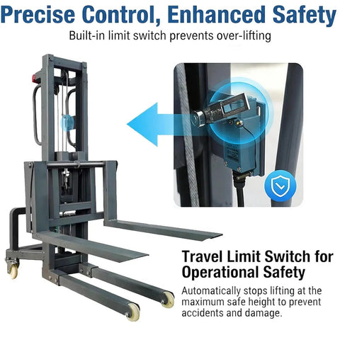Dope 661 Lbs Electric Pallet Stacker With Adjustable Forks And Remote Control showing travel limit switch for safety.