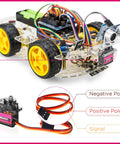 16 Pack Mini SG90 9g Micro Servo Motors RC Servo Kit for robots with wiring diagram and assembled RC car in background.