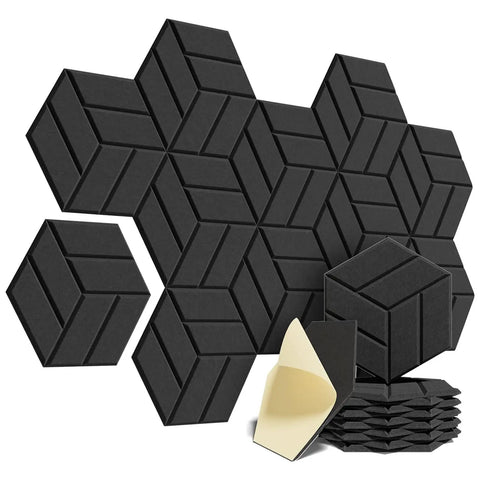 12 Pack Hexagonal Acoustic Wall Panels Sound Absorbing Polyester Foam Tiles For Home Studio Bedroom Decor Soundproofing, black foam tiles arranged.