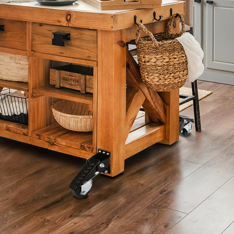 Badass Heavy Duty Workbench Casters Set Of Four With Smooth As Butter Urethane Wheels on wooden table for easy mobility.