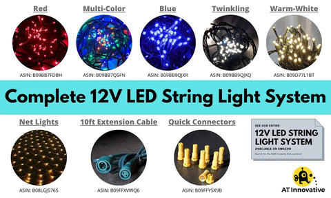 Various LED string lights and accessories in 12V system including Red, Multi-Color, Blue, Warm-White, and connectors