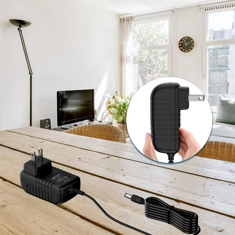 9V AC DC Power Adapter For ProForm 750R Magnetic Foldable Rowing Machine Plug And Play Compatible With PFRW58118 9V DC Power Supply Cord Charger Worldwide 100 240V Input shown on a table with focus on plug and cord.