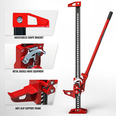 Big Red 48 Inch Ratcheting Off Road Farm Jack With Heavy Duty 3 Ton 6000 Lb Load Capacity showing adjustable bracket and anti-slip support.