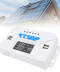 40A Solar Charge Controller With LCD Display And Four USB Ports For LiFePO4 Battery Systems, Weatherproof IP32 Enclosure, Easy Energy Management For Your Solar Setup, Built To Hang Tough Outdoors, shown with rooftop panels