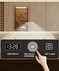 Top Shelf Floating Double Sink Vanity With Smart Led Defog Mirror And Slate Countertop Walnut Wall Mounted Bathroom Cabinet features touchscreen controls.