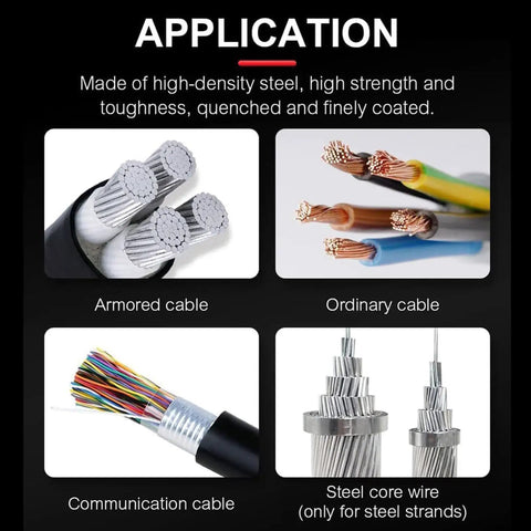 Application diagram showing armored, ordinary, communication cables, and steel core wires for Portable Ratchet Cable Cutter With Tool Box For Electric Power Construction Cut Copper And Aluminum Cables Up To 75 mm 50 65 75 mm Rechargeable Wire Cutting Machine Compact And Durable Like A Boss