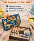 Hands opening a kid-friendly wood whittling kit with round tip knives, paints, and tools, labeled 'The Meaningful Gift'.