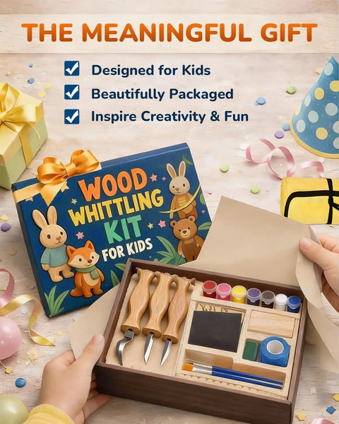 Hands opening a kid-friendly wood whittling kit with round tip knives, paints, and tools, labeled 'The Meaningful Gift'.