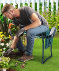 Man using 2 In 1 Garden Kneeler Bench With Tools Pouch Folding Garden Stool For Patio And Yard Ergonomic Kneeling Pad Cushion
