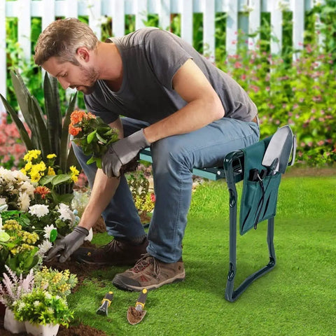 Man using 2 In 1 Garden Kneeler Bench With Tools Pouch Folding Garden Stool For Patio And Yard Ergonomic Kneeling Pad Cushion