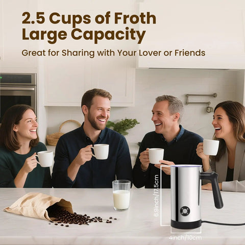 Group enjoying coffee with 4 In 1 Milk Frother And Steamer With 10 6 Oz Capacity Electric Foam Maker on kitchen counter