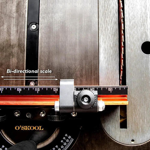 Close-up of Next Level Miter Gauge with 22-to-36-Inch Extension Fence showing bi-directional scale for accurate measurements.