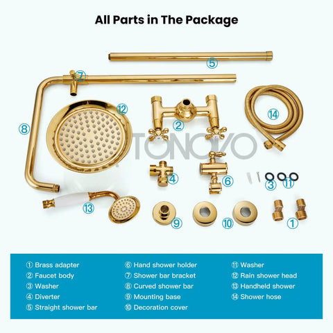 Polished Gold Exposed Shower Faucet System with 8 Inch Rainfall Shower Head and Handheld Spray Wall Mount Fixture Two Function Diverter Brass Construction Ceramic Valves Max Flow One Point Two Five GPM unassembled components shown.
