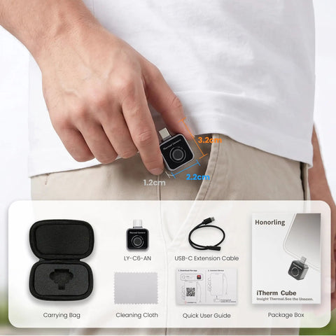 Thermal Camera 128x96 IR Imager For Leak Detection On USB C Android Phones Plug In OTG Ready No Battery Or Drivers Needed in hand with case and cable