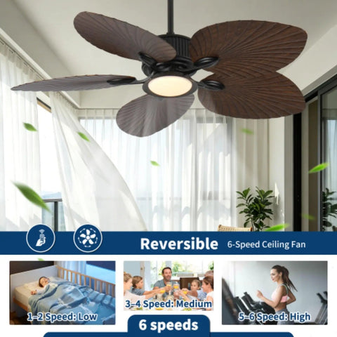 Daklpiw 52" Retro Fan Lamp Tropical Ceiling Fan with Light and Remote, featuring palm leaf blades and 6-speed settings.