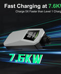 Road Trip Ready Portable EV Charger With 32 Amp Level Two Fast Charge Power Via 240 Volt NEMA 14-50 Socket For Tesla Models S X 3 Y And All NACS Rides, displaying 7.6KW fast charging.