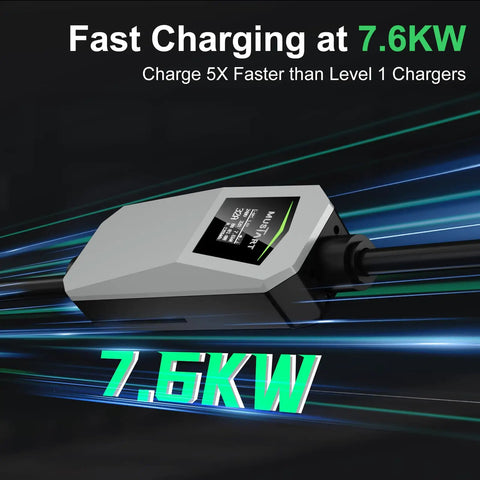 Road Trip Ready Portable EV Charger With 32 Amp Level Two Fast Charge Power Via 240 Volt NEMA 14-50 Socket For Tesla Models S X 3 Y And All NACS Rides, displaying 7.6KW fast charging.