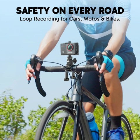 Cyclist using Ek7000 Pro 4K 30FPS Action Camera Bundle with bike mount, promoting safety and loop recording.