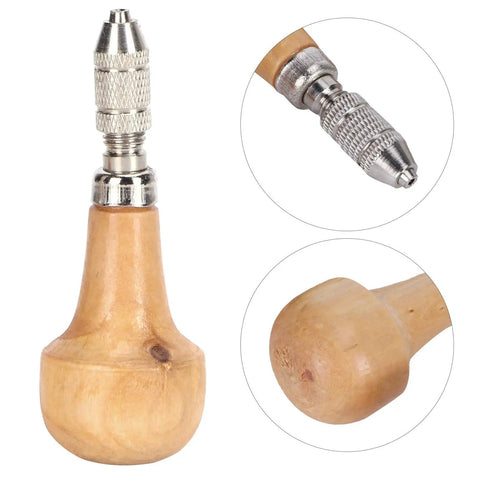 Heavy Duty Three Piece Pin Vise Set Featuring Solid Wood Handle Chuck Gravers, close-up of wood handle and metal chuck.
