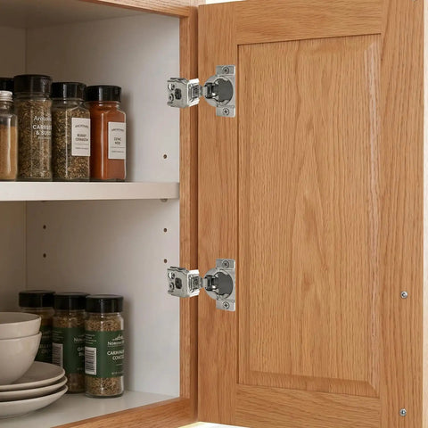 8 Pack Overlay Soft Close Cabinet Hinges For Face Frame Cabinets with 3D hydraulic soft close on wood door, open cabinet