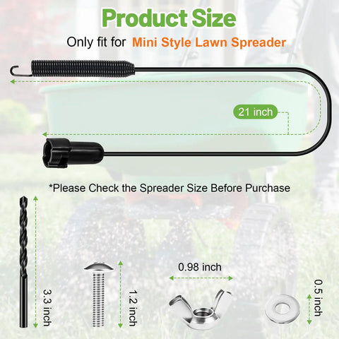 Lawn Spreader Control Cable Replacement for Mini Broadcast Spreader, 21 Inch Length, shown with installation hardware