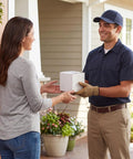 Delivery person handing a small white box to a woman. Pack Of 40 5x5x5 White Corrugated Shipping Boxes For Mailing And Packaging.