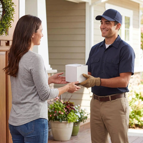 Delivery person handing a small white box to a woman. Pack Of 40 5x5x5 White Corrugated Shipping Boxes For Mailing And Packaging.
