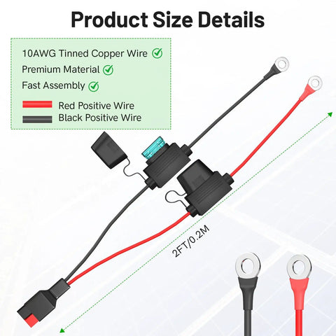 45A Cable With O Ring Terminal For Standard Port Connectors, 10AWG Battery Lead With Dual Fuse Holder, UV Resistant, 2Ft