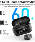 Hybrid Active Noise Cancelling Wireless Earbuds With Six Microphones ENC For Crystal Clear Calls IPX8 Waterproof In Ear Bluetooth 5.3 Buds With Bass Boost LED Display 60 Hour Play Time 32 EQs Via App with case open and LED display
