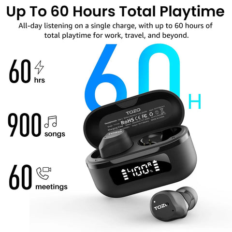 Hybrid Active Noise Cancelling Wireless Earbuds With Six Microphones ENC For Crystal Clear Calls IPX8 Waterproof In Ear Bluetooth 5.3 Buds With Bass Boost LED Display 60 Hour Play Time 32 EQs Via App with case open and LED display