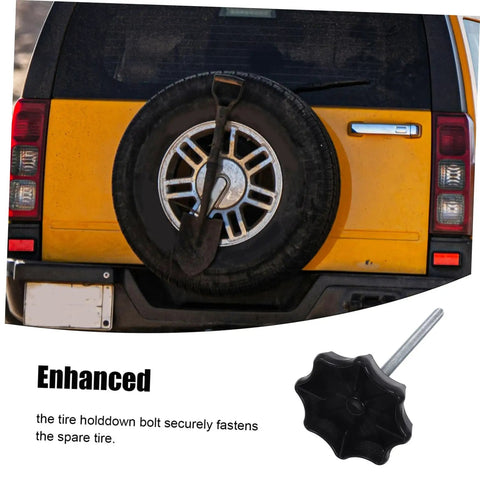 Spare Tire Hold Down Bolt For Car Spare Wheel Mounting Universal Fitment Tire Fastener Clamp on vehicle and close-up view