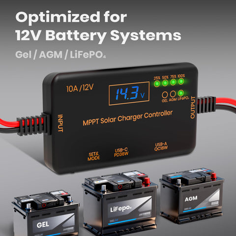10 Amp 12 Volt MPPT Solar Charge Controller With LCD Display And USB C PD 36W Plus USB A QC 18W for Gel AGM LiFePO4 Batteries