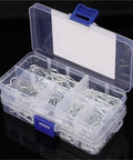 Beefy Heavy Duty R Type Cotter Pins Kit 500 Pieces in plastic box with sections, steel hairpin retaining wire fasteners visible